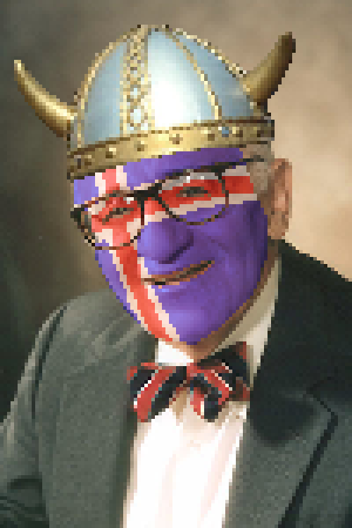 A pixel-art portrait of Murray Rothbard wearing a fake viking helmet and his face painted in the colors of the Icelandic flag.