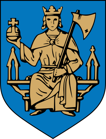 Municipal heraldry of Jomala, depicting St. Olaf in gold seated on a throne with axe and cross-bearing orb in hand against a blue background.