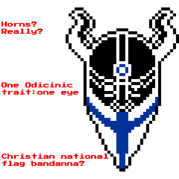 A pixel-art rendition of the Soldiers of Odin logo, annotated with comments on the horned helmet, one eye, and Christian national flag bandanna.