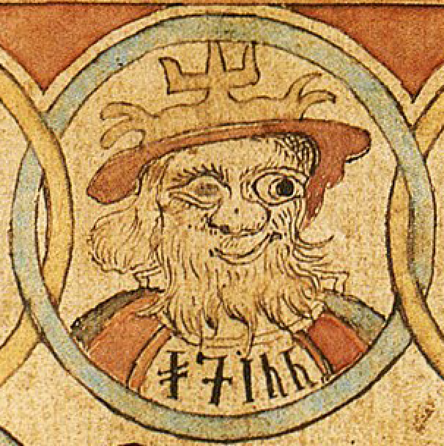 A detail from the manuscript ÍB 299 4to's illustrated title page to Snorri's Edda by Jakob Sigurðsson, a portrait of Óðinn