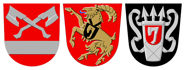 The municipal heraldries of Kalvola, designed by Olof Eriksson, Tyrvää, designed by Gustaf von Numers, and Sysmä, designed by Ahti Hammar.