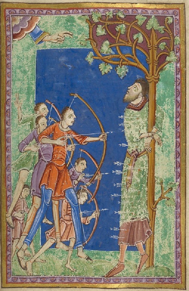 Martyrdom of St. Edmund of England - Edmund, tied to a tree, is shot at by Norse archers. He is riddled with arrows. From the Miscellany on the Life of St. Edmund, a twelfth century manuscript.