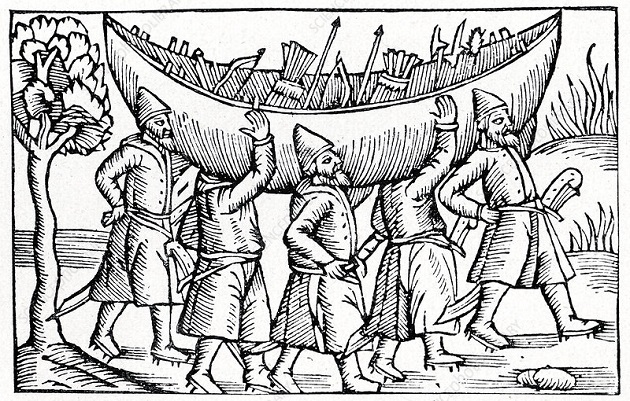 Sixteenth century woodcut depicting Norse travellers portaging their boat between rivers from A Description of the Northern Peoples by Olaus Magnus.